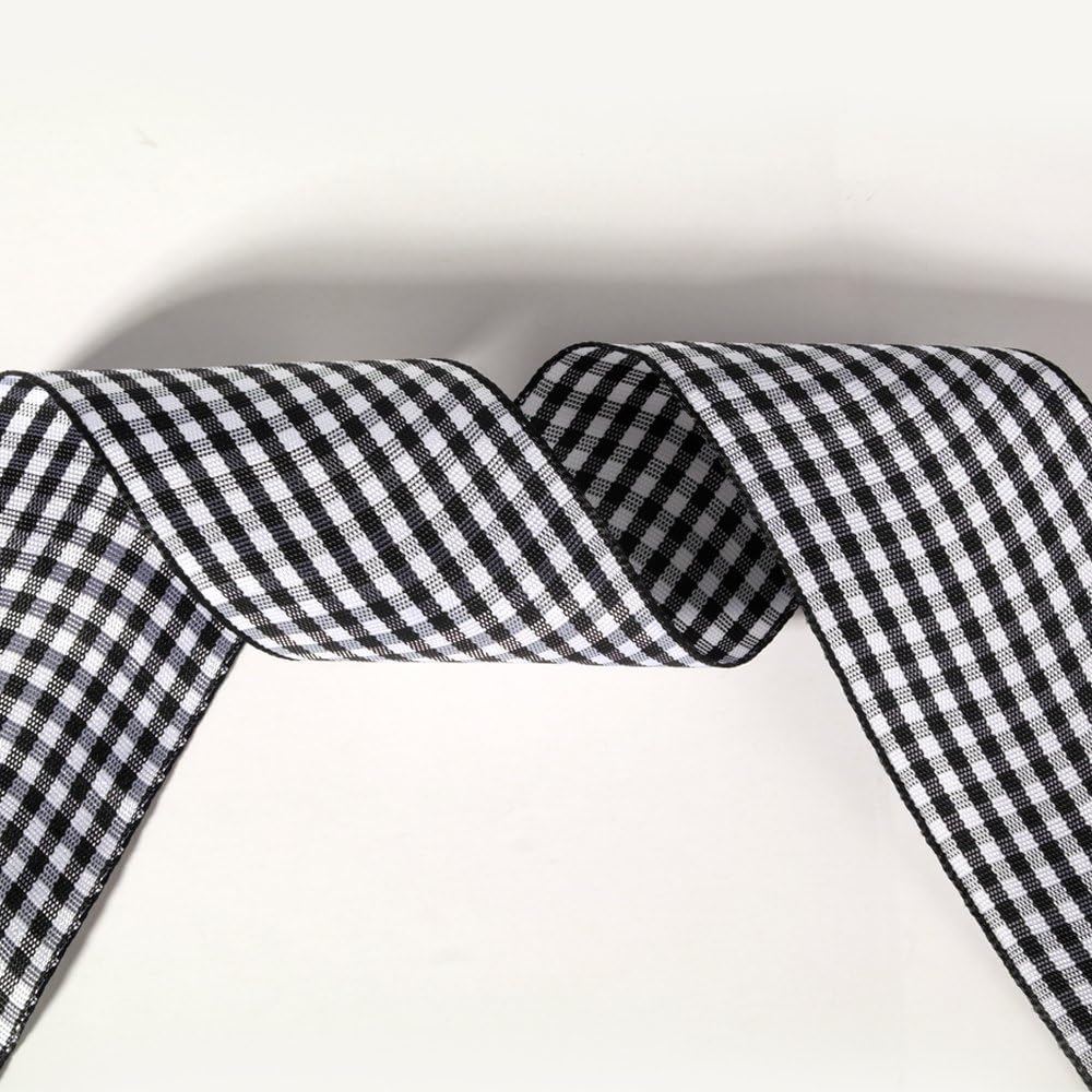 1.5 Inch Black and White Woven Edge Gingham Ribbon 25 Yards Each Roll 100% Polyester (1-1/2", Black)