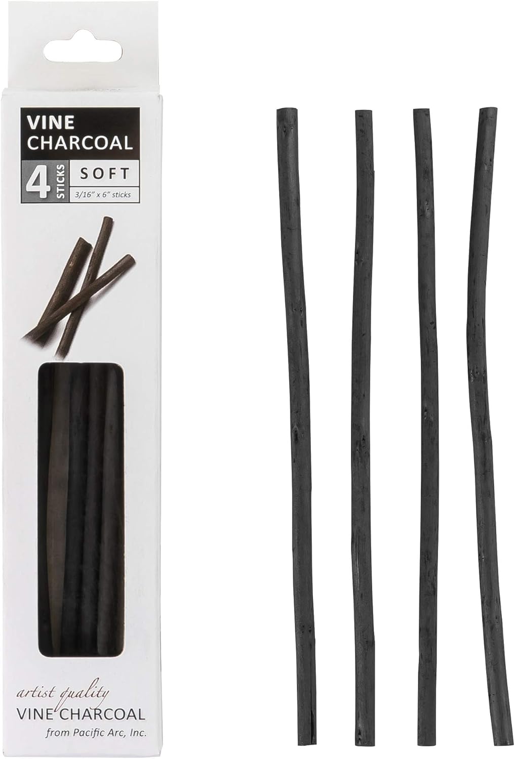 Pacific Arc Artist Vine Charcoal, Soft, Black 4 Charcoal Sticks for Drawing, Sketching, and Fine Art