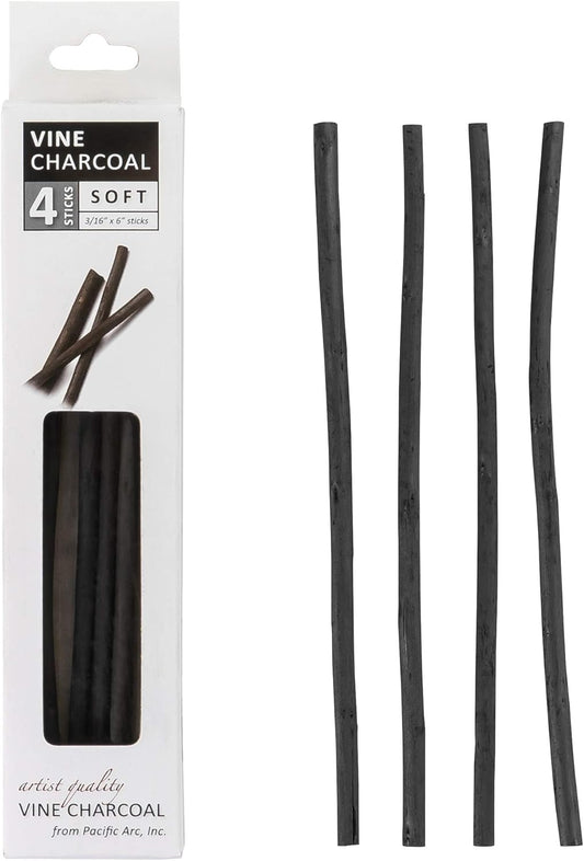 Pacific Arc Artist Vine Charcoal, Soft, Black 4 Charcoal Sticks for Drawing, Sketching, and Fine Art