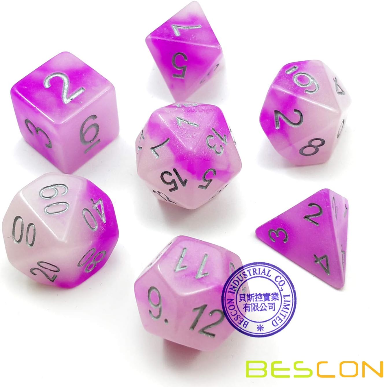 Bescon Two Tone Glowing Polyhedral Dice 7pcs Set Frosty Amethyst, Luminous RPG Dice Glow in Dark, DND Role Playing Game Dice