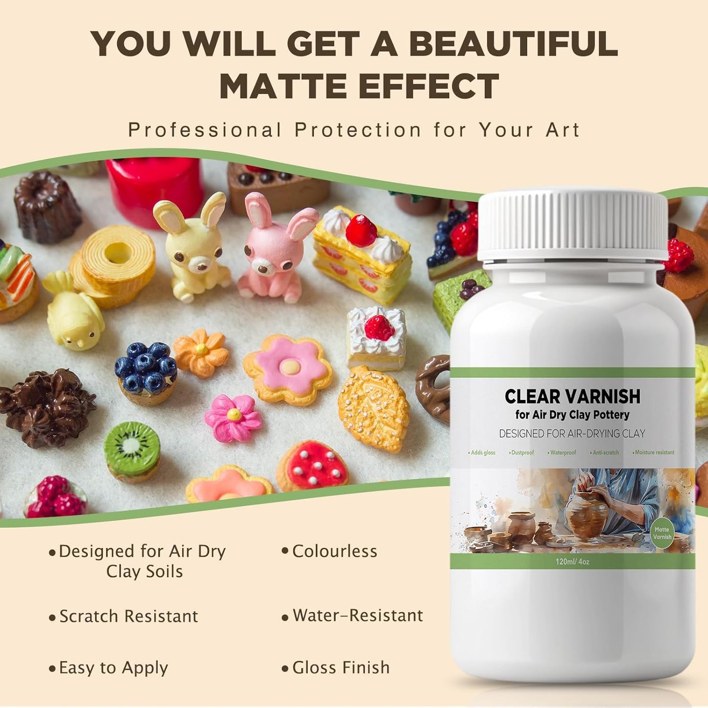 120ml Air Dry Clay Varnish - Air Dry Clay Sealant for Airdry Clay - Clear Varnish for Air Dry Clay Pottery - Matte Finish Clear Varnish for Pottery, Used to Prevent Clay Cracking, Scratches, Wear