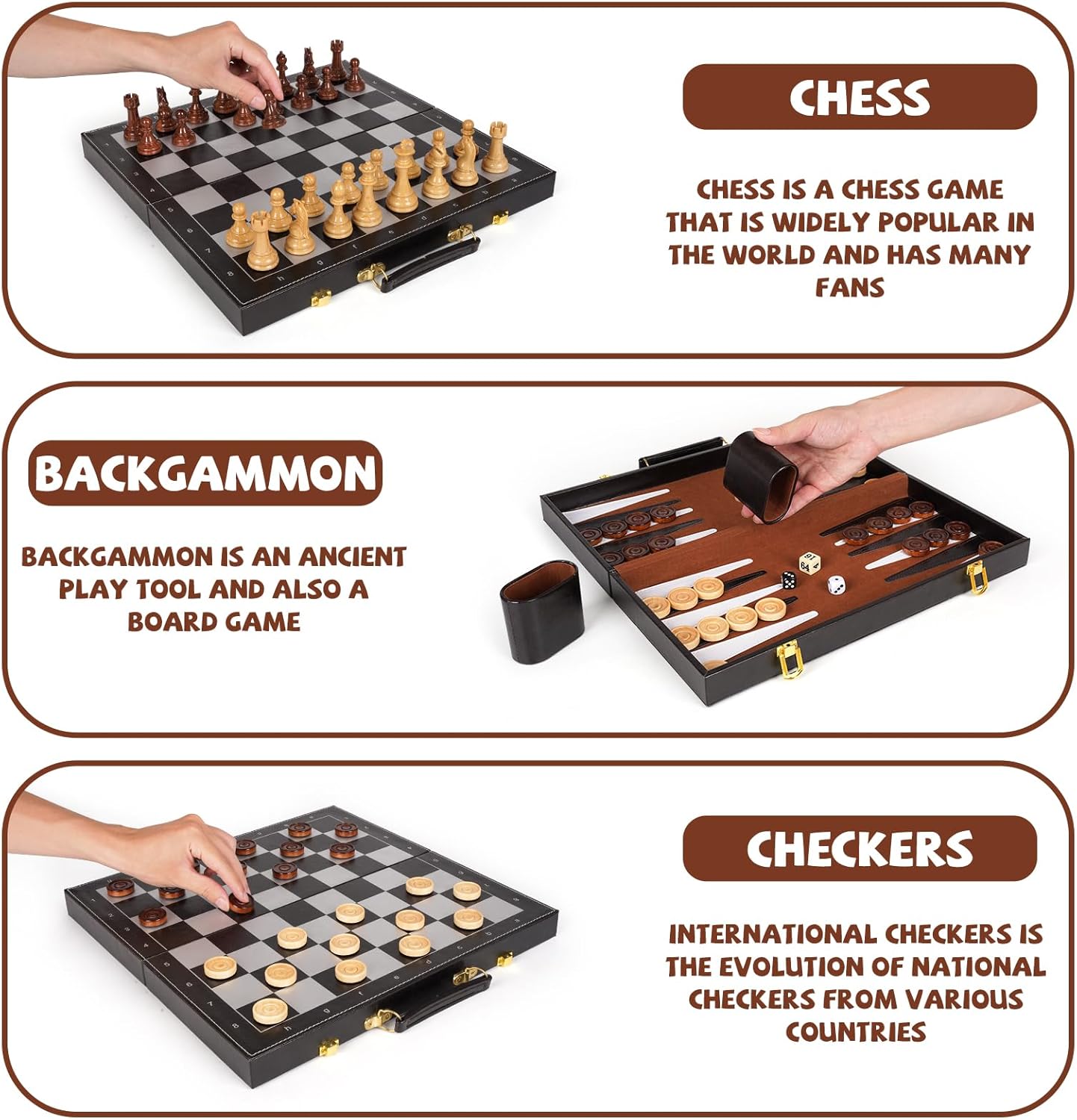 Chess Checkers Backgammon Set 3-in-1 Board Games Sets for Kids & Adults，15" Folding Magnetic Chess Set Leather Chess Board Strategy Game Portable Travel Chess Game with Magnetic Chess Pieces