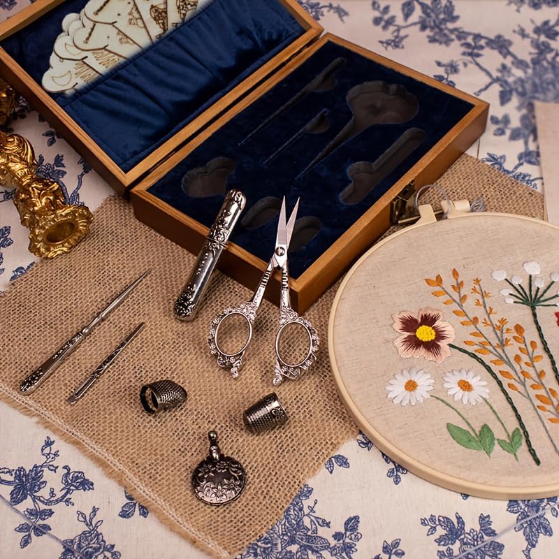 Vintage Embroidery Scissors Kit - Victorian Needlework Set with Thimble, Thread Cutter & Sewing Tools for Knitting, Quilting, Cross Stitch | Craft Gift