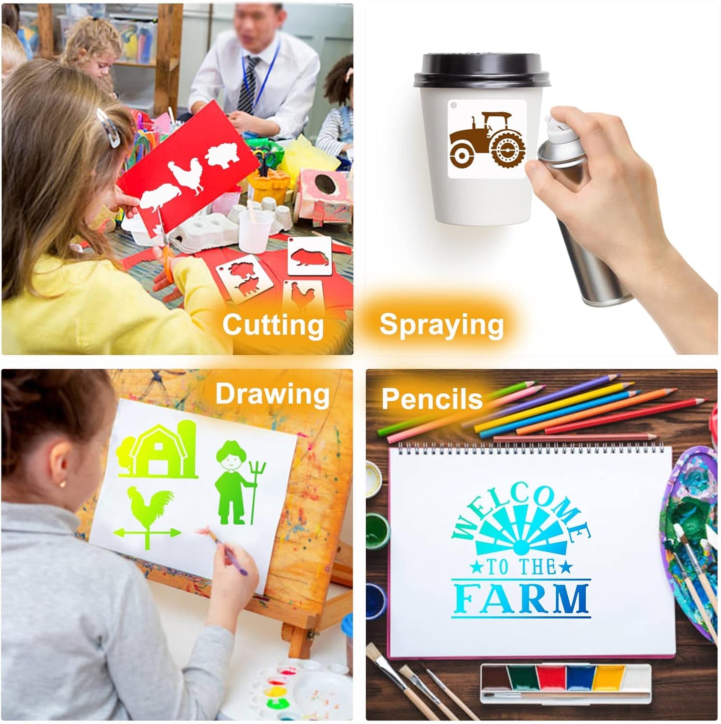 Small Stencils for Painting on Wood Reusable, 3 Inch Reusable Stencil for Craft Ornament Paint Template Stencils for Wall Card Rock Wood Signs Coasters Canvas Home Decor (Farm Animal)