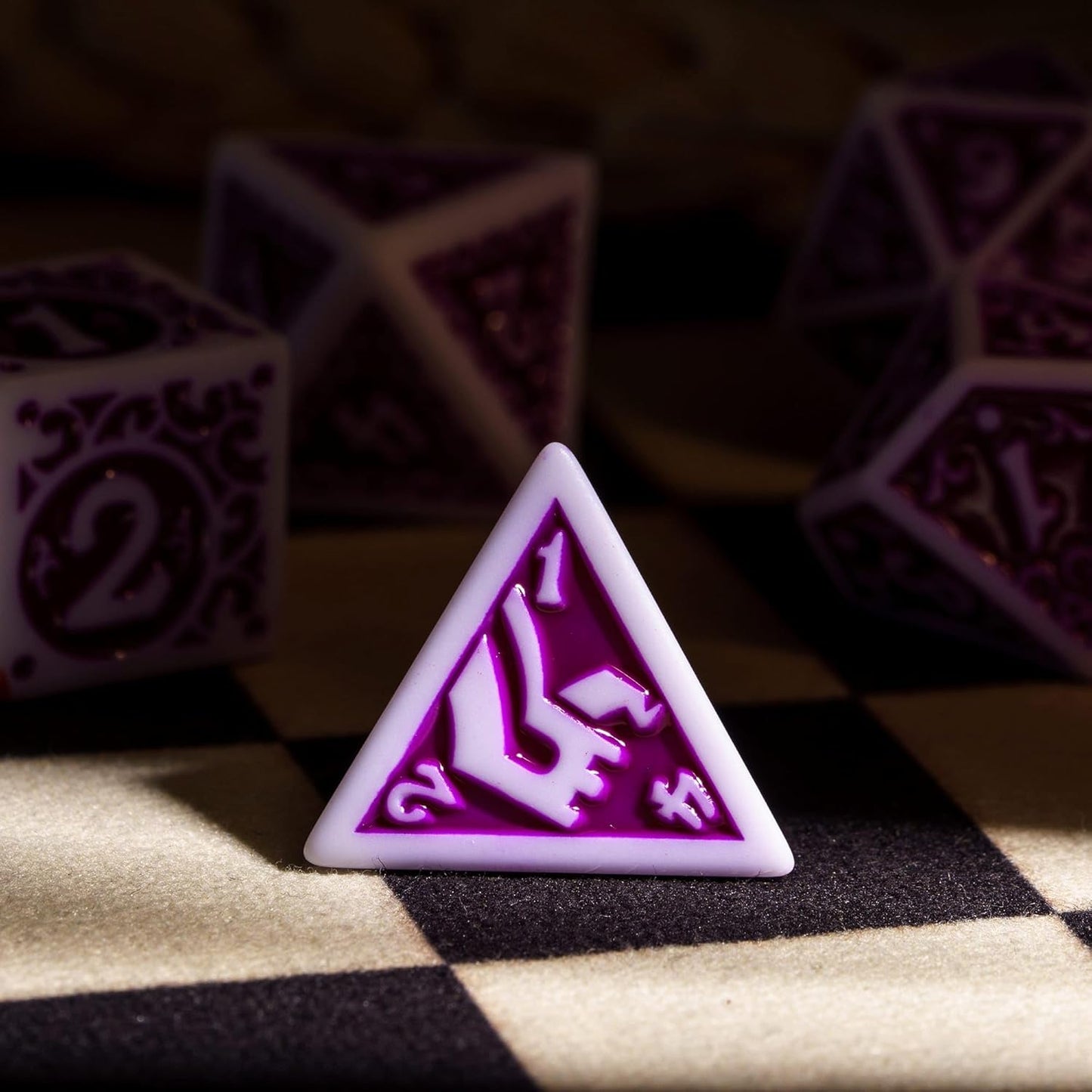 7-Die DND Dice Set New Pattern Polyhedral Dice Set with Leather Bag D&D Die for RPG Table Games(White Purple)