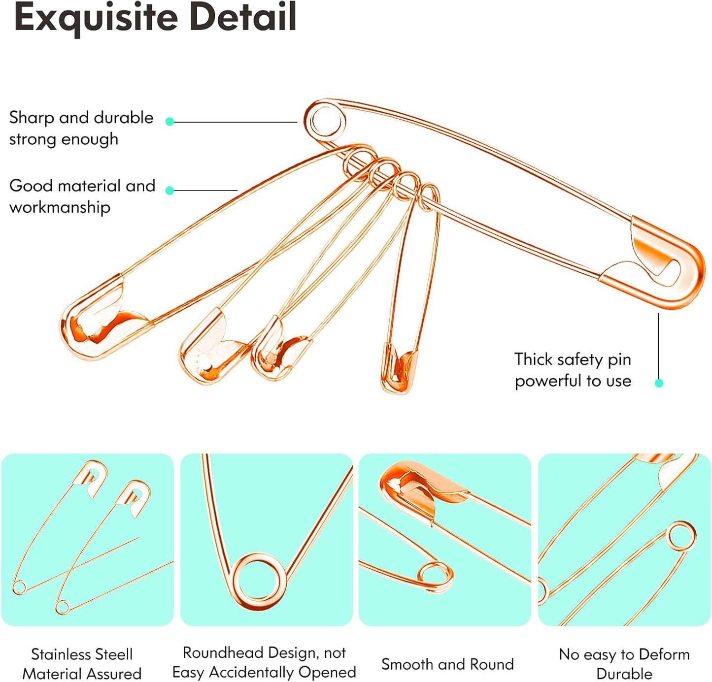 340 Pack Safety Pins Assorted, 5 Different Sizes Small and Large Safety Pins for Clothes Costume, Nickel Plated Steel Bulk, Sewing Crafts Art Supplies, Rose Gold