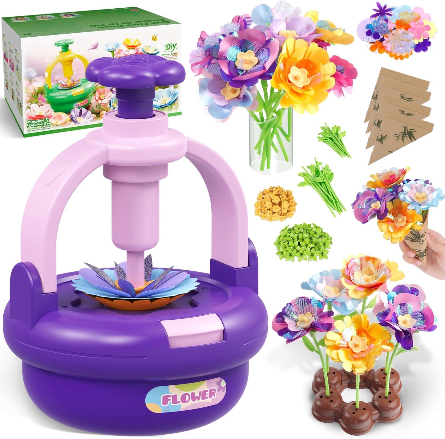 Arts and Crafts Kit for Kids Ages 4-8,Flower Bouquet Toys,DIY Flower Market Toys,Build Your Flower Bouquet,Educational Christmas Birthday Gifts for 3 4 5 6 7 8 9 Year Old Girls-Purple