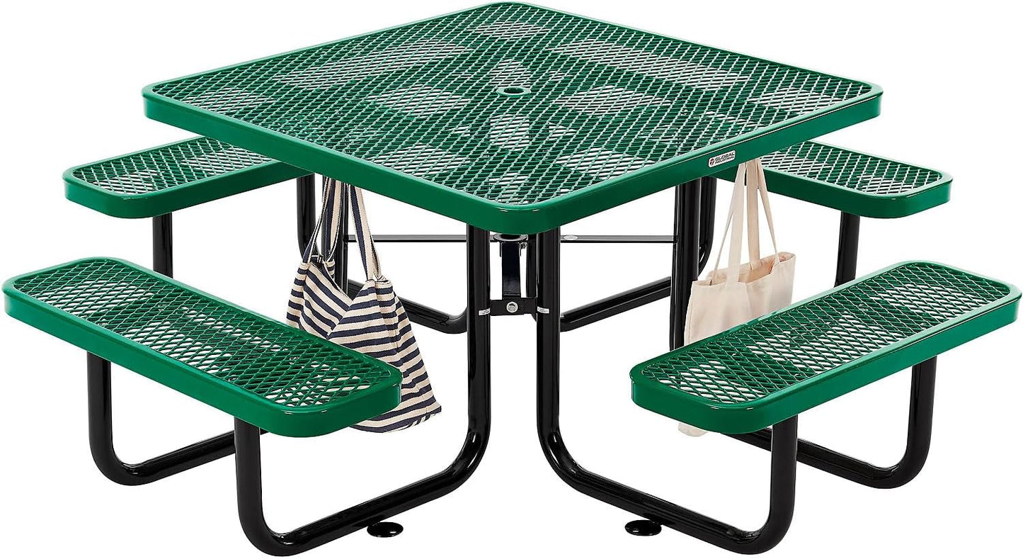 Global Industrial 46" Square Picnic Table, Expanded Metal, Green Thermoplastic Coating, Attached Benches, 1-1/2” Umbrella Pole Hole, Outdoor-Rated, 1000 lb Capacity