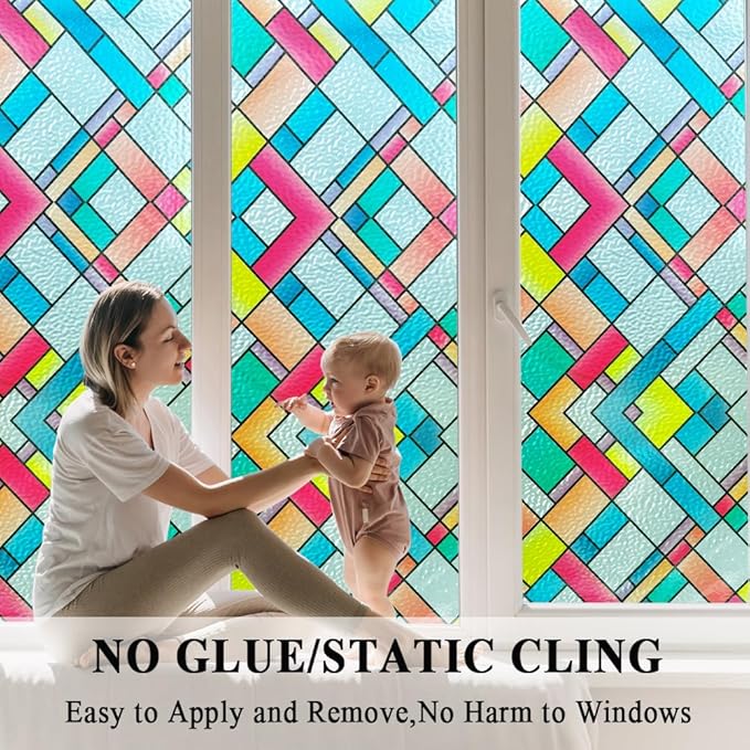 Window Film Privacy Classy Colorful Glazed Tiles Stained Glass Sliding Door Coverings Static Cling Frosted Church Tints Cover Contact Paper Non-Adhesive Heat Control Anti UV Reusble,35x78.7in.