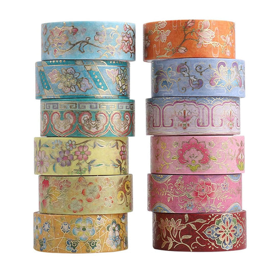 12 Rolls Vintage Washi Tape Set, Gold Foil Decorative Masking Tape for Scrapbooking, Bullet Journal, Planner, DIY Crafts, Gift Wrapping