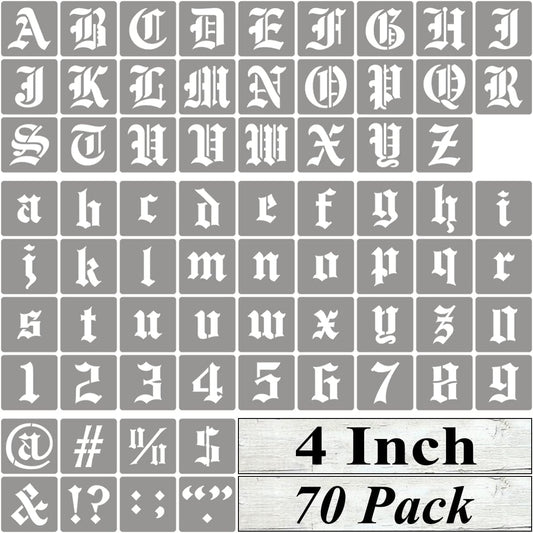 4 Inch Alphabet Letter Stencils for Painting - 70 Pack Old English Letter Stencil Templates with Numbers and Signs for Painting on Wood, Reusable Letters Stencils for Chalkboard Wood Signs & Wall Art