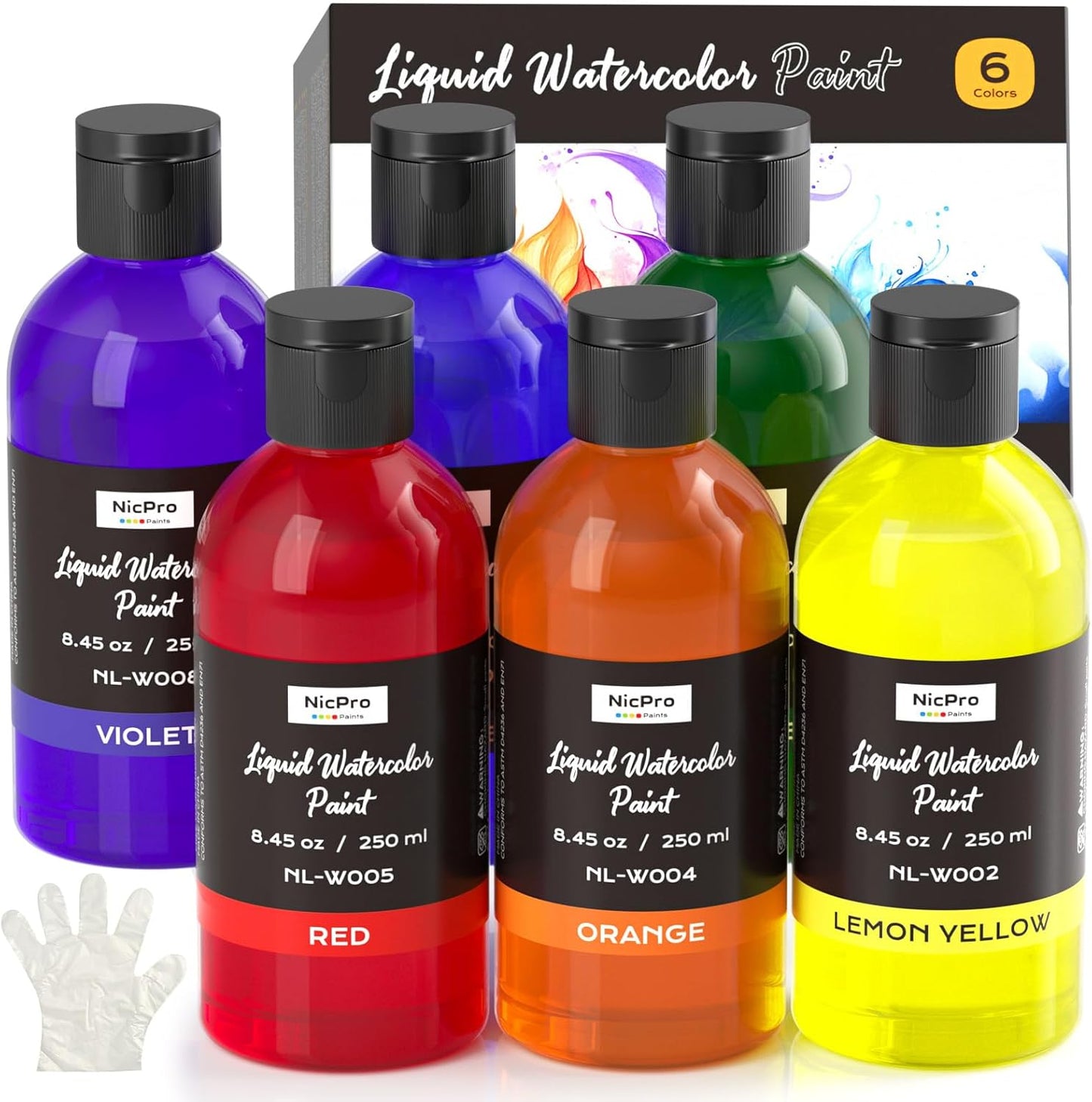 Nicpro 6 Colors Liquid Watercolor Paint Set, 8.45oz Large Bottle Liquid Watercolor Paint, Non-Toxic Water Colors Painting Supplies for Art Activity, Craft DIY, Poster, School, Home, Classroom, Party