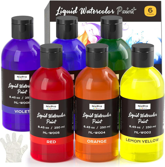 Nicpro 6 Colors Liquid Watercolor Paint Set, 8.45oz Large Bottle Liquid Watercolor Paint, Non-Toxic Water Colors Painting Supplies for Art Activity, Craft DIY, Poster, School, Home, Classroom, Party