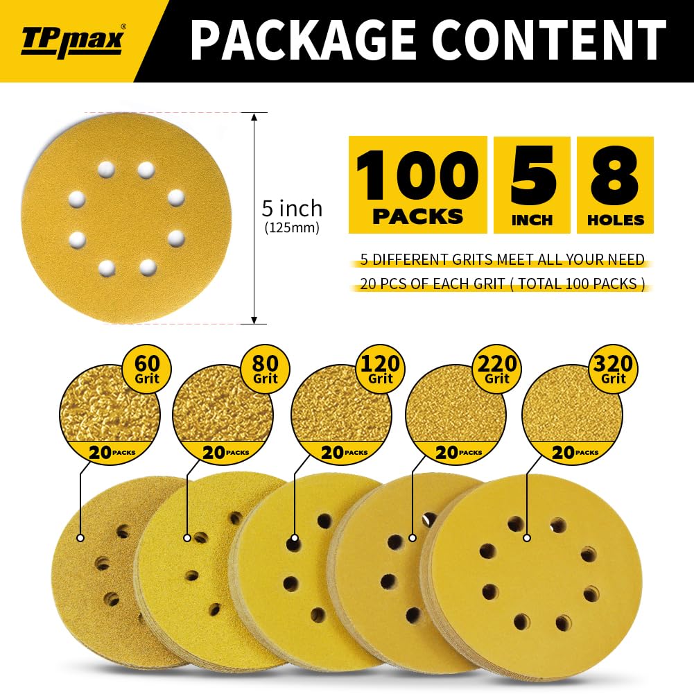 100PCS 5 Inch 125mm 8 Hole Sanding Discs Sandpaper Mixed Grits - Premium Gold Round Hook and Loop for Random Orbital Sander (60, 80, 120, 220, 320 Grit Variety Pack)