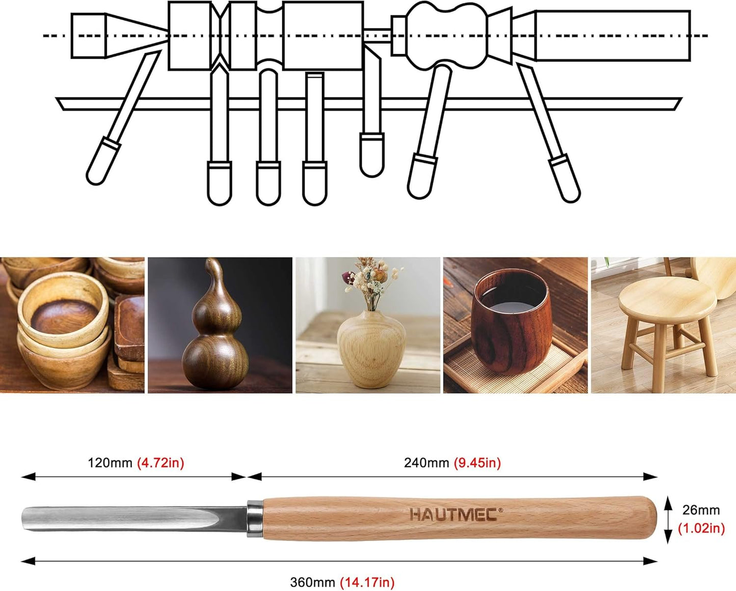 HAUTMEC Professional Wood Turning Chisel 8 pcs Set, Lathe Chisel Set with 2 Skew 1 Spear Point 1 Parting 1 Round Nose & 3 Gouge Tools for Beginners, Hobbyists and Professionals HT0237-WW