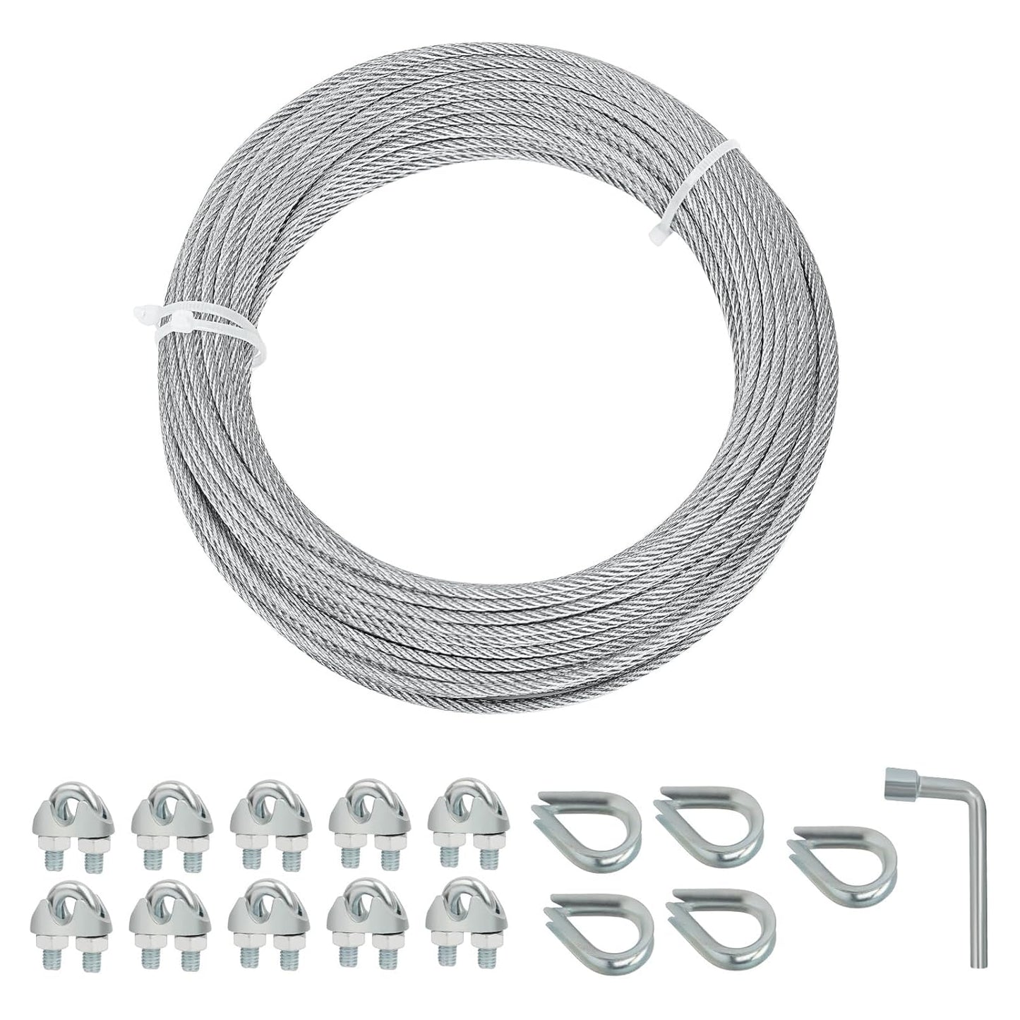 Galvanized Steel Wire Rope Cable, 1/8” Galvanized Steel Cable with Rope Clamp and Thimble, 7X7 Strand Core Aircraft Cable Used for Anchored Shed, Fencing, Sunshade, Clothesline (50ft)