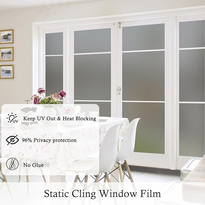 Coavas Window Privacy Film Frosted Glass Static Cling UV Sun Blocking Heat Control Window Tint Day and Night Insulation Home Bathroom Door Decorative Frosting Cover, 29.5 x 118.1 Inch, Gray