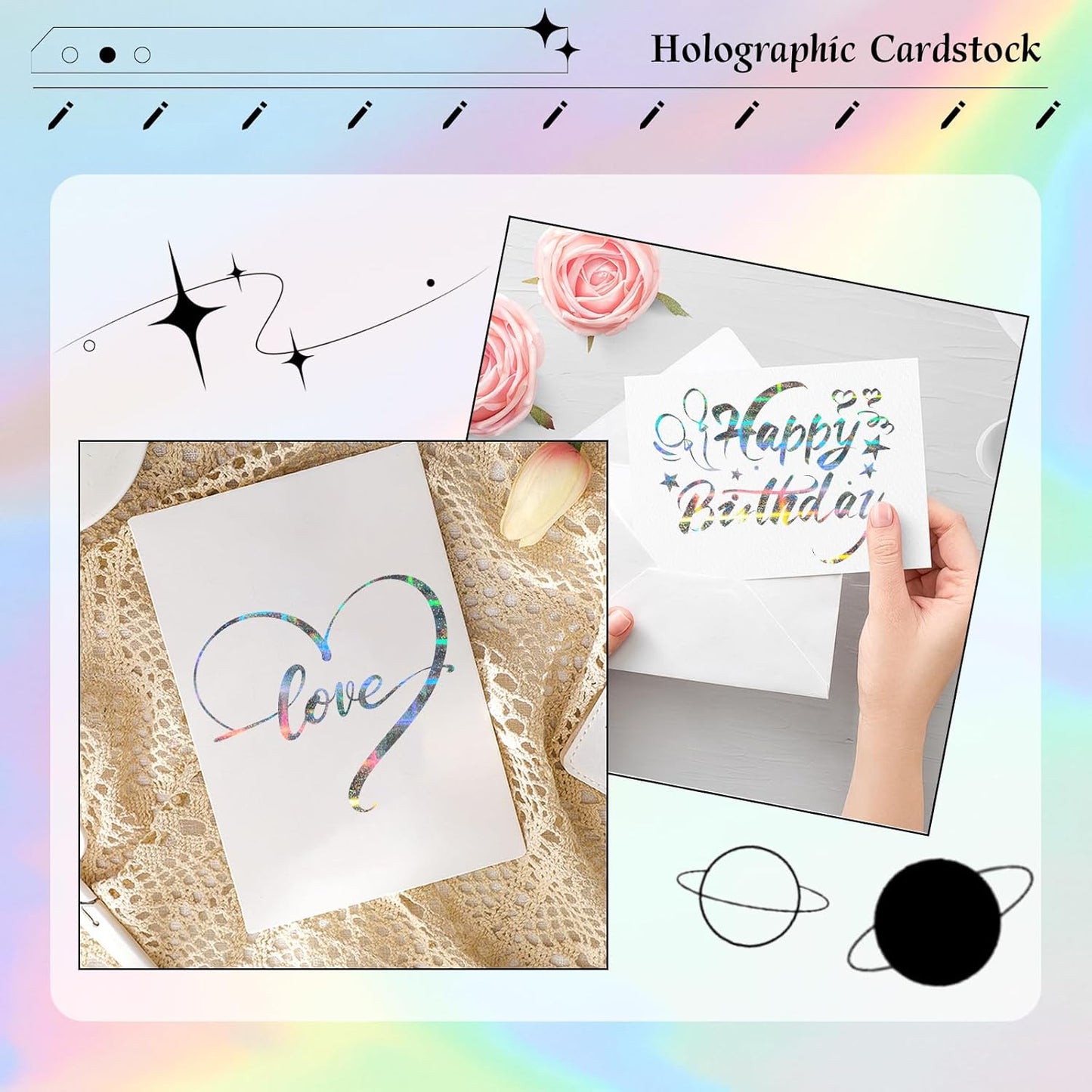24 Sheets Holographic Cardstock 8.5 x 11in, 250gsm/92lb 6 Mixed Styles Metallic Cardstock Shiny Iridescent Mirror Paper Thick Foil Board for Scrapbook,Card Making,Crafts,Party Decoration (Multicolor)