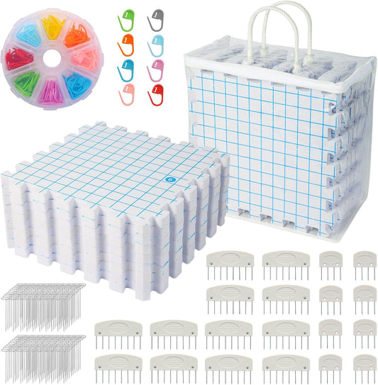 MEVOME Blocking Mats for Knitting with 20pcs Knitting Blockers 200 T-pins 104 Locking Stitch Markers, Extra Thick Block Boards with Grids Storage Bag for Needlepoint Crochet - Pack of 9 (White)