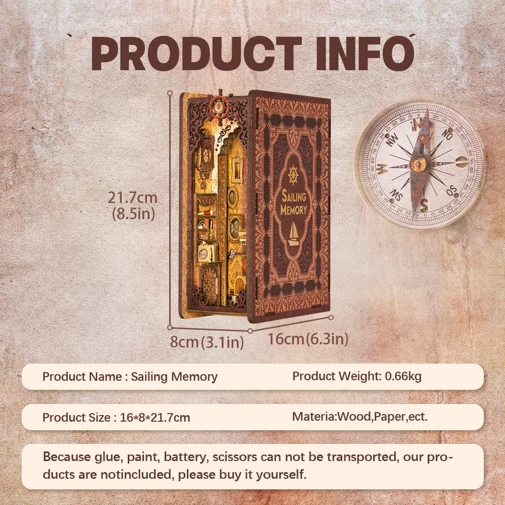 Cutefun Book Nook Kit - Decorative Bookend Alley Build Model with LED Light, DIY Miniature Dollhouse Kit 3D Wooden Puzzle for Adults, Teens, Crafts Gifts for Bookshelf Decor (Sailing Memory)