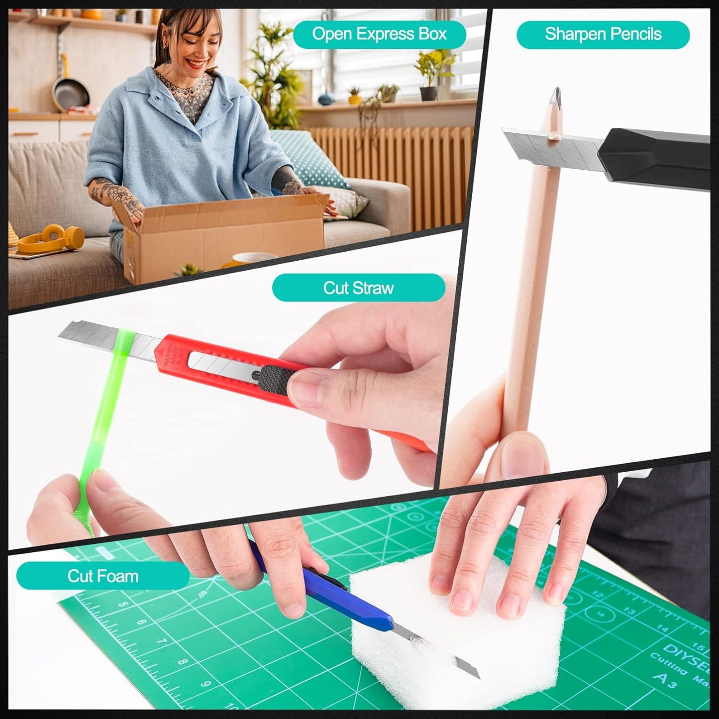 24 Pack Box Cutter Retractable, Utility Knife with 9mm Wide Snap-Off Blade, Small Box Opener Exacto Knife, Lightweight, Sharp Paper Knives for Office, Home, Crafts