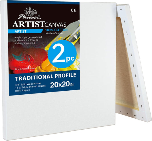 PHOENIX 20x20 Inch 2 Pack Artist Canvas - Large Square Stretched Canvases for Painting - 3/4 Inch Profile, 100% Cotton 11 Oz. Gesso Primed White Blank Professional Canvas Oil & Acrylic Paints