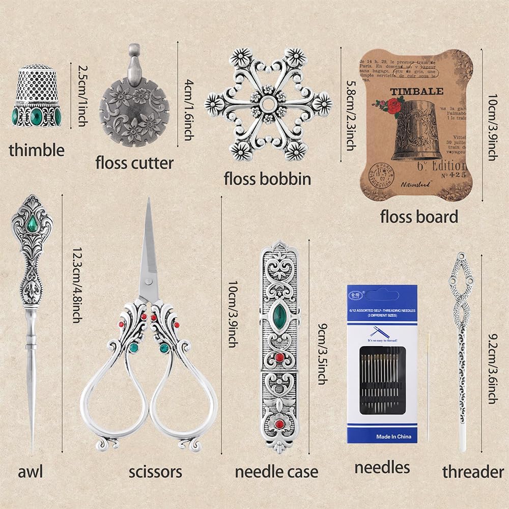 NOTIONSLAND Vintage Embroidery Scissors Kit, Stainless Steel Sewing Tools, Scissors, Sewing Awl, Needle Case, Thimble, Winding Board for Sewing, Knitting, Cross Stitch, Quilting, Silver