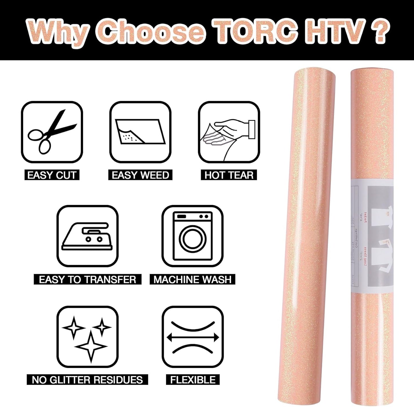 TORC Blush Glitter HTV Heat Transfer Vinyl 2 Rolls Iron on Vinyl for T Shirts Crafts 12 inch x 5 ft