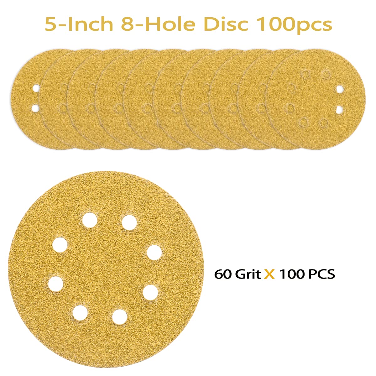 100PCS 5 Inch 8 Hole Sanding Discs 60 Grit,Gold Round Hook and Loop Sandpaper for Random Orbital Sander