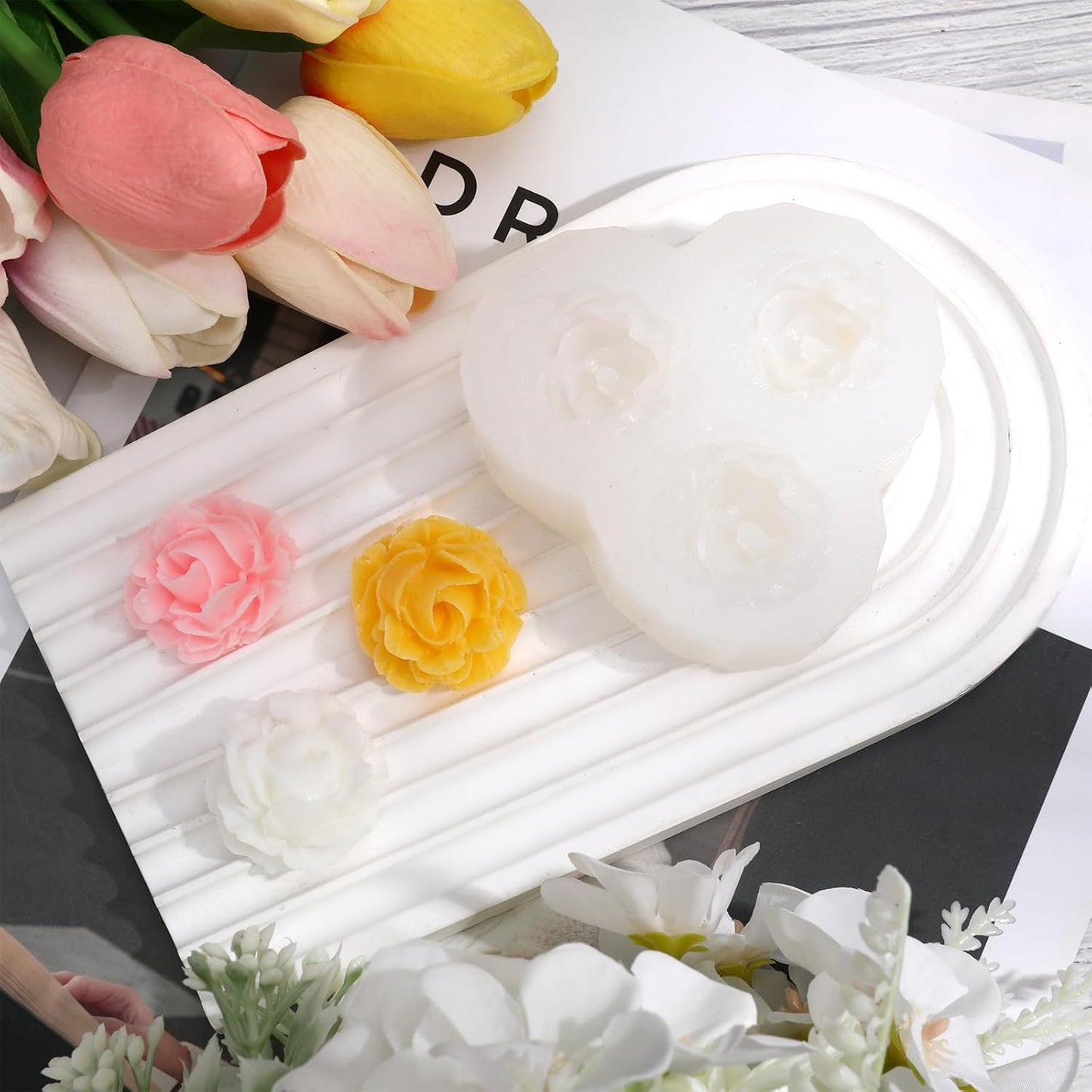 3 Cavity Rose Candle Molds, Silicone Flower Molds for Candles Crafts Casting, 3D Round Candle Making Soap Molds for Epoxy Resin Wax, DIY Handmade Gifts Clay Pop Flower Silicone Mold Home Decoration
