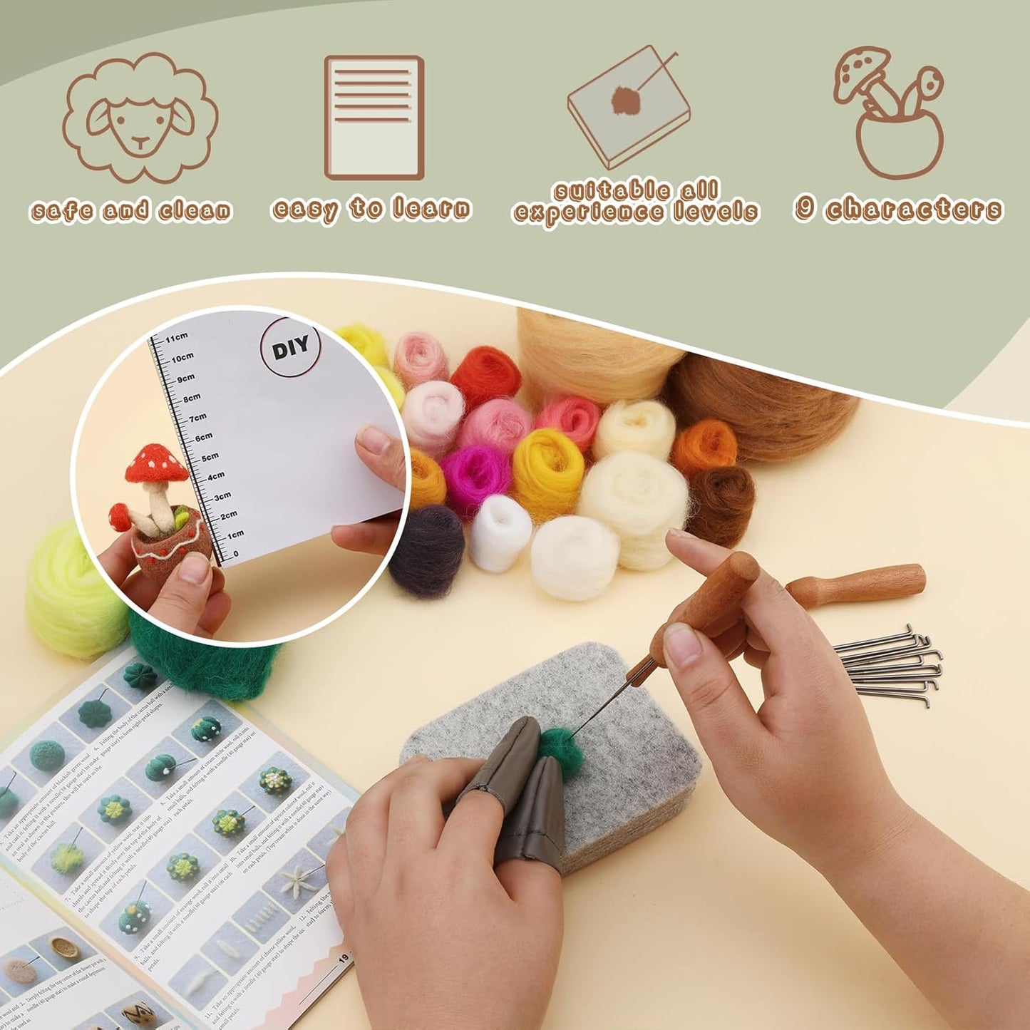 Yizzvb Needle Felting Kit, 9 Pcs Succulent Needle Felt Beginner Kits, Wool Felting Kit Including Wool Roving, Felting Pad, Felting Needles and Instructions for DIY Craft Home Decoration