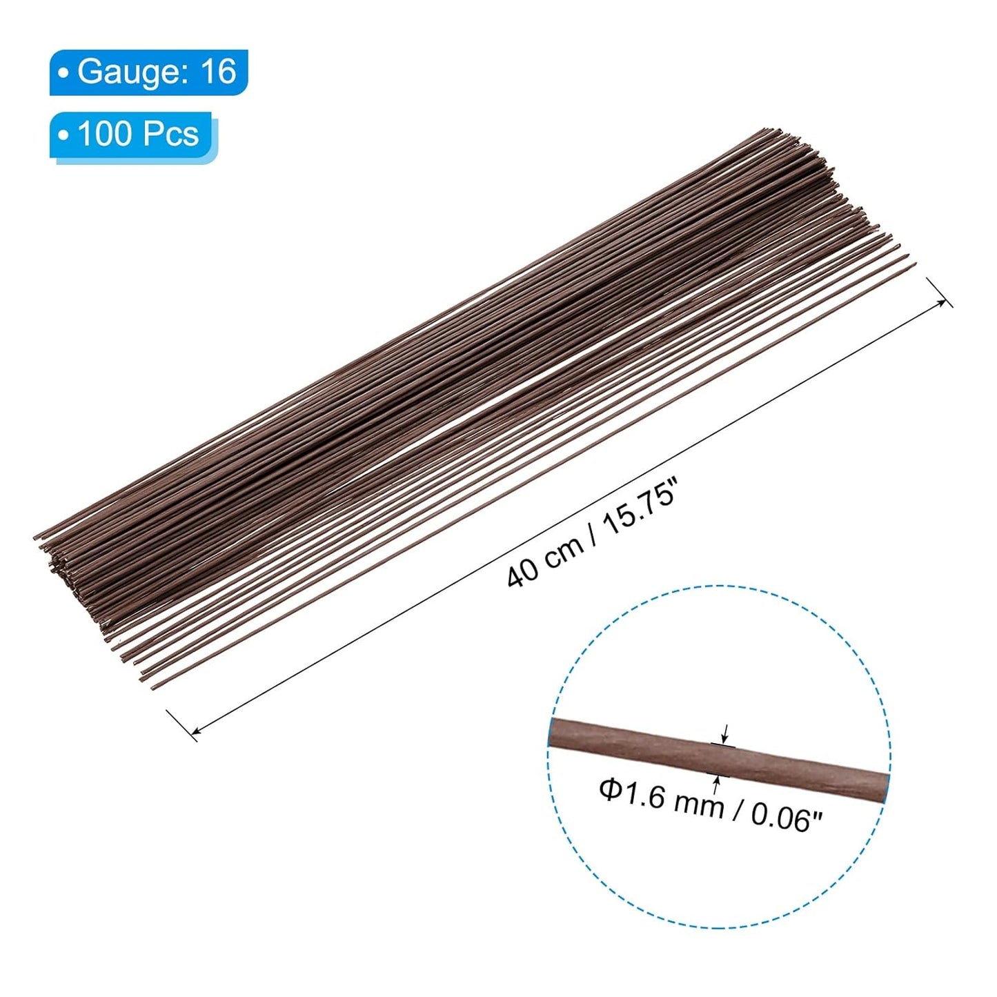 PATIKIL 16 Gauge 16" Floral Stem Wire, 100 Pcs Paper Wrapped Iron Artificial Flower Stem Accessories for DIY Bouquet Stem and Craft Decoration, Brown
