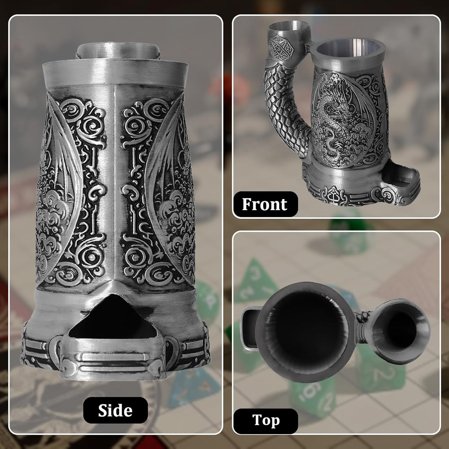 Dice Tower Mug, Dice Rolling Tower, Comes with 7 PCS Dice Set, Suitable for DND Dungeons and Dragons, Tabletop Games, Available As Drink Holder, D&D Gifts, DND Accessories (Silver-Dragon)