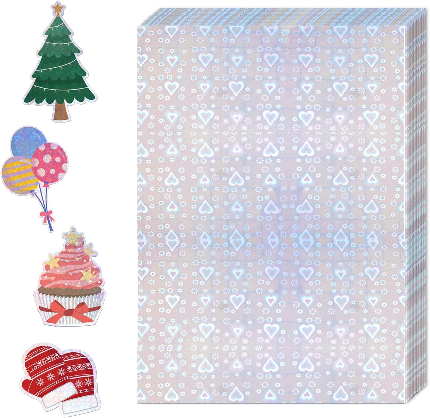 36 Sheets Holographic Sticker Paper,Holographic Laminate Sheets,A4 Size Clear Vinyl Sticker Sheets Self-Adhesive Rainbow Overlay Sheets,11.7 x 8.3 Inches（Heart）