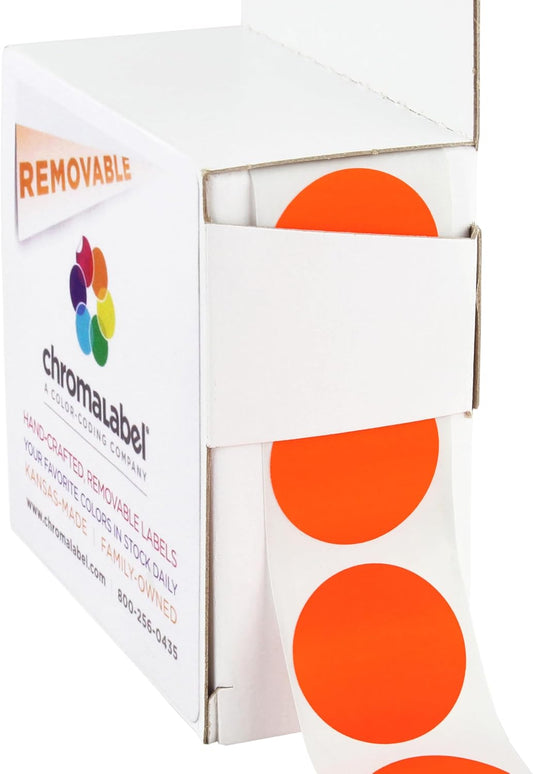 ChromaLabel 1 Inch Round Label Removable Color Code Dot Stickers, 1000 Labels per Dispenser Box, Fluorescent Red-Orange