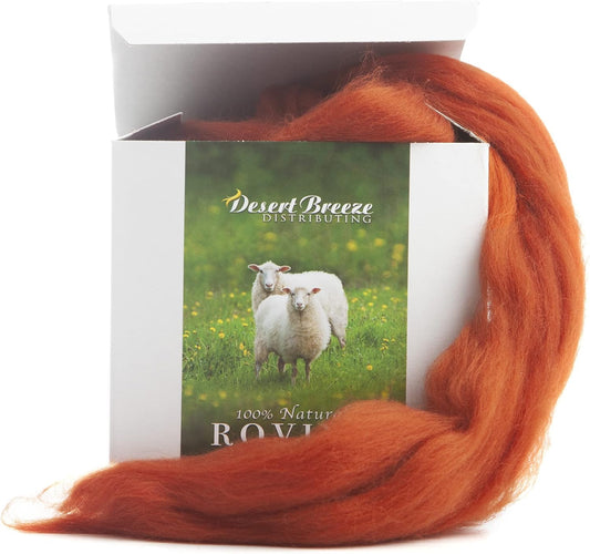 Desert Breeze Distributing – 100% Natural Merino Wool Roving, Wool for Spinning, Tapestry Yarn, Needle Felting, Wet Felting, Big Yarn Roving, 19 Micron, 70mm Staple Length, 8 OZ Size, Color Rust