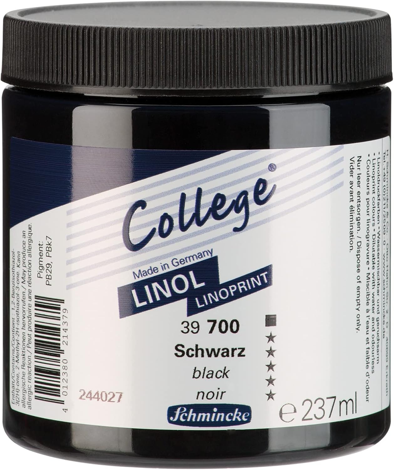 Schmincke - College Linol, Artists' Lino Colors, Black 237 ml, 39700053, Low-Odour Water-Based lino Printing Ink, lightfast, Even Print