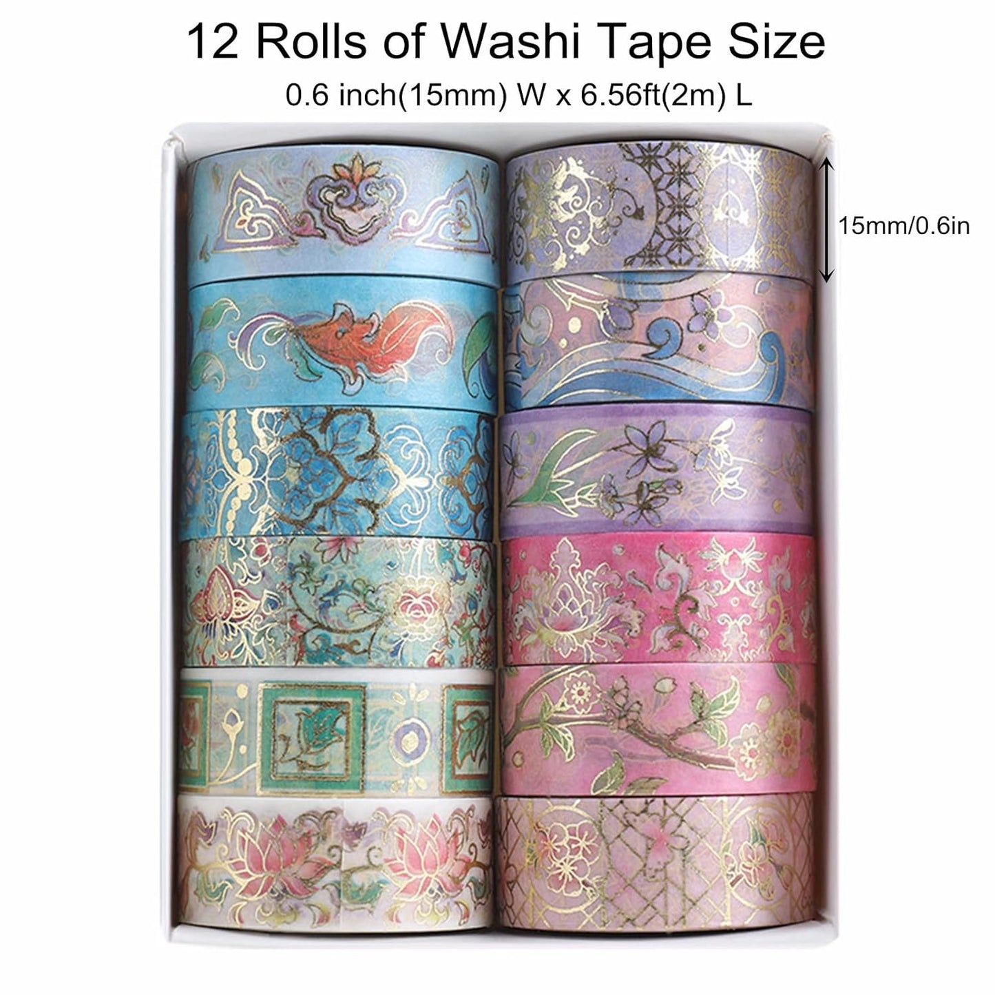 12 Rolls Floral Washi Tape Set, Gold Foil Flower Washi Tape, Botanical Washi Tape for Scrapbooking, Bullet Journal, Planner, DIY Crafts, Gift Wrapping