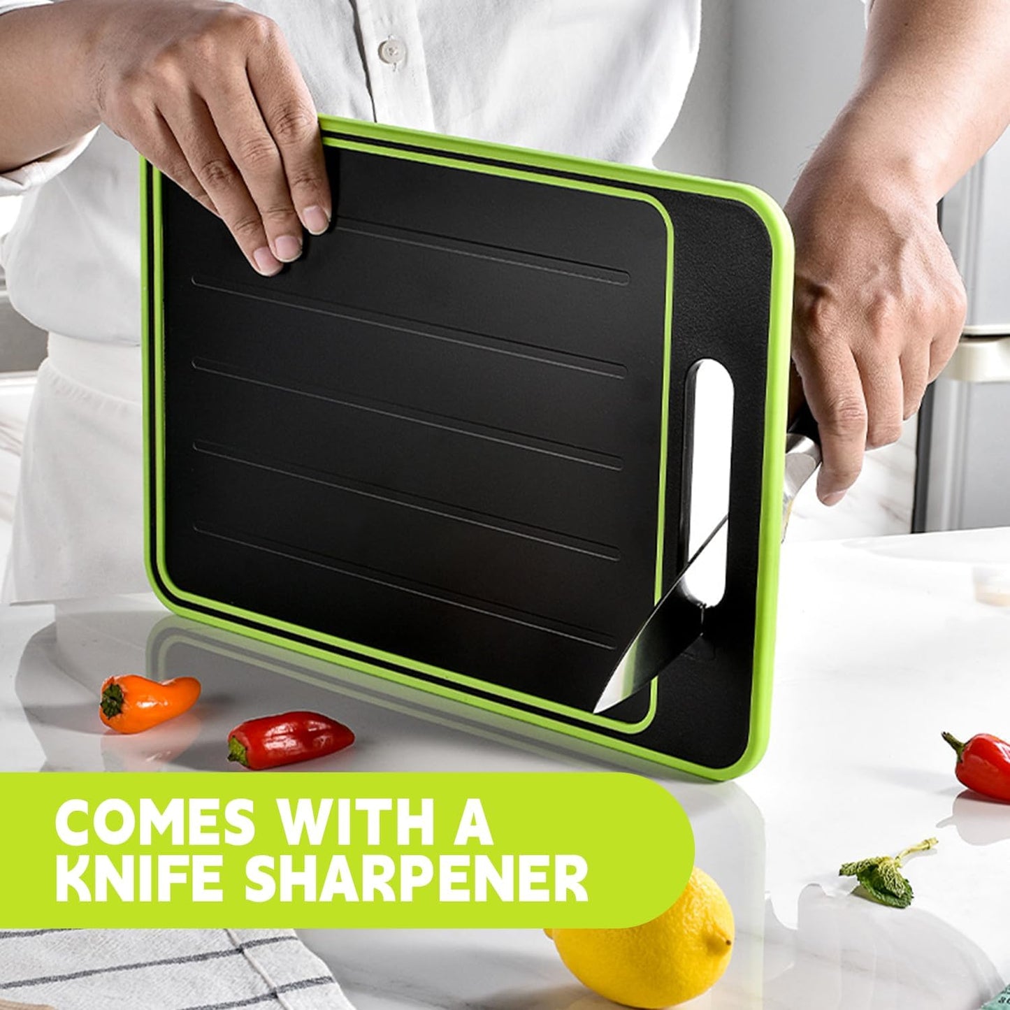 Cutting Board Double Sided,2 Pcs Vegetable Board With Sharpening Stone,Large Size+Small Size,Food Grade Stainless steel and Wheat straw PP Material,Eco-Friendly (khaki)