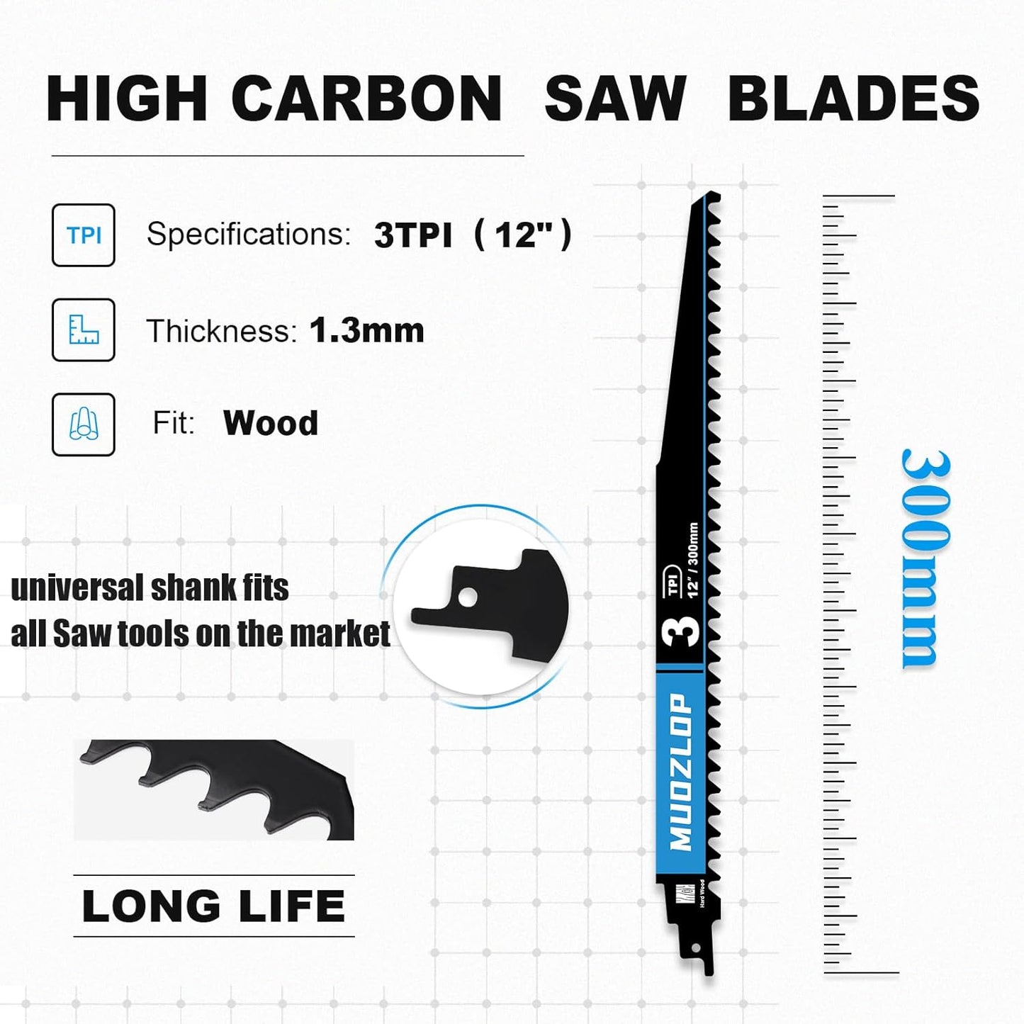 2 Pack 12 inch Reciprocating Saw Blades Set，3 TPI High Carbon Saw Blades for Wood Cutting ，Saw Blades with Organizer Case (2, 3T/12inch)