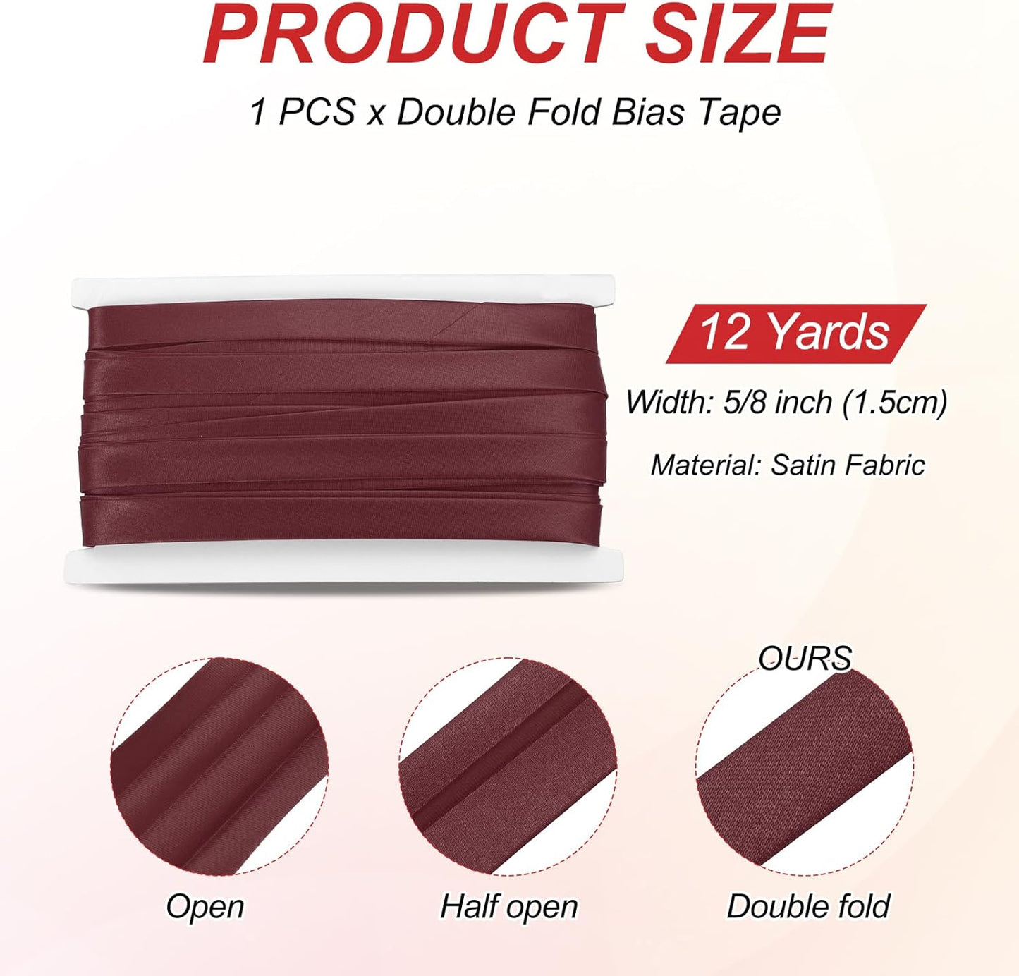 MECCANIXITY Double Fold Bias Tape for Sewing 5/8 Inch x 12 Yards Satin Pre-fold Continuous Binding Tape for Seaming Quilting Hemming Binding DIY Crafts, Wine Red
