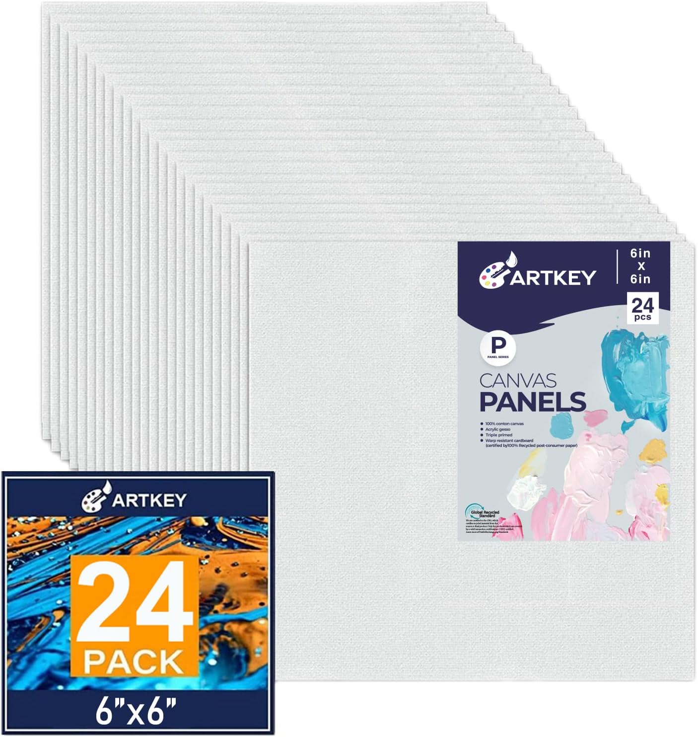 Canvas Panels 6x6 Inch 24-Pack, 10 oz Primed 100% Cotton White Blank Small Canvases for Painting, Square Flat Canvas Board for Oil Acrylics Watercolor & Tempera Paints