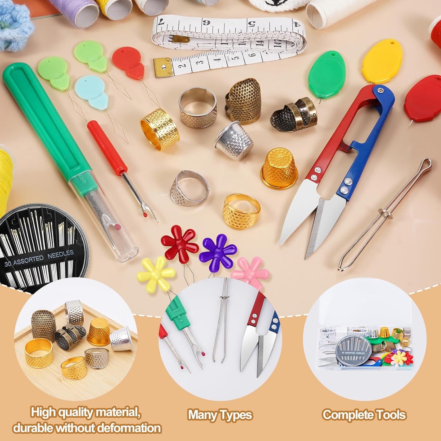 CousDUoBe Sewing Thimble Kit,thimbles for Hand Sewing，Needle threaders，Seam Rippers for Sewing，Measuring Tape and Thread Snips, Hand Embroidery Craft（Complete Sewing Kit）