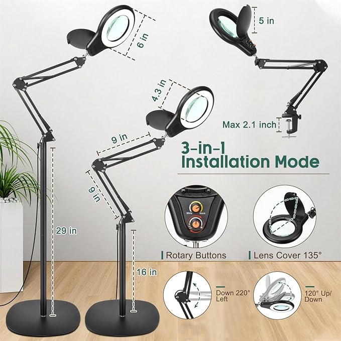 12X Magnifying Glass with Light and Stand, Switch Knob for Multi-Color Modes Dimmable, 3-in-1 Adjustable Swing Arm Floor Lamp, Hands Free Lighted Magnifier for Reading Close Work - Black