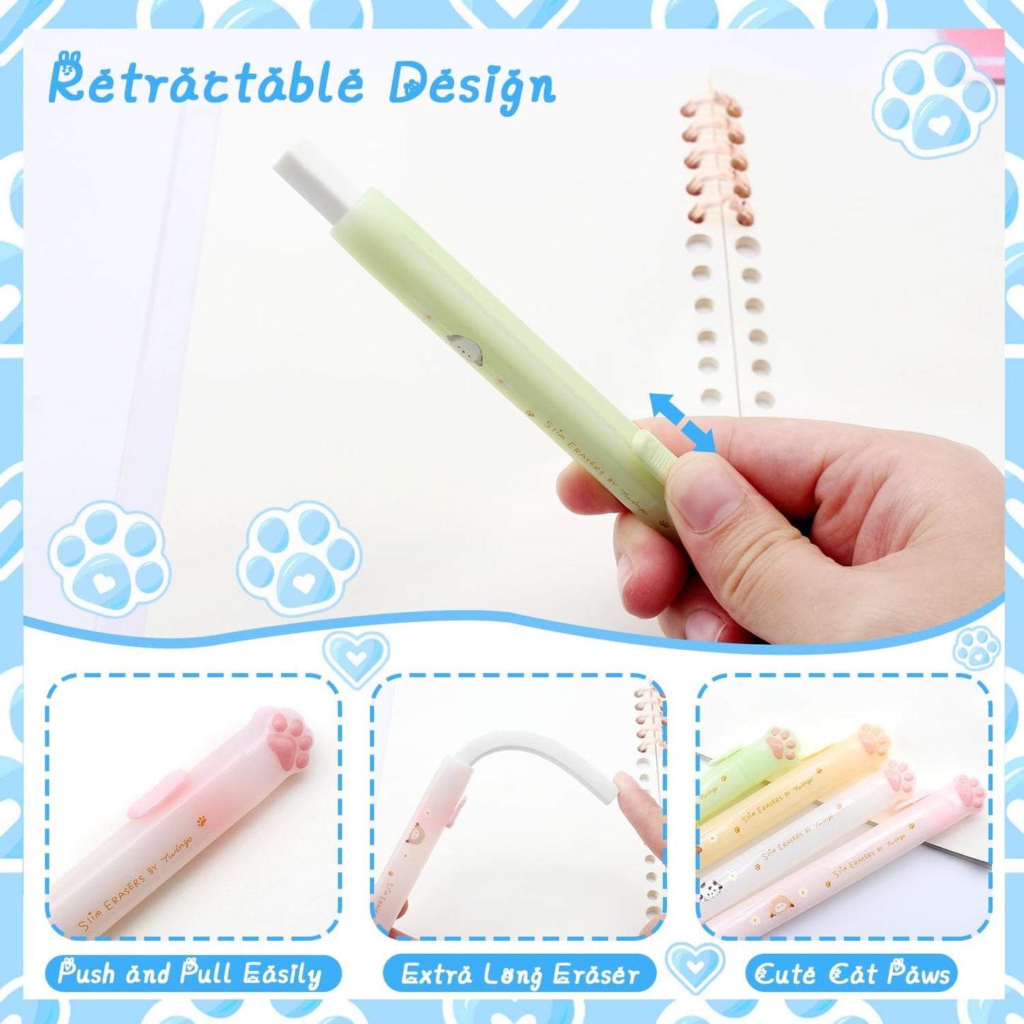 Benvo Retractable Cat Paw Erasers 4 Pcs with Refillable Rubbers Slim Erasers for Precise Erasing, Cute Eraser for Students, Artists, Office Use