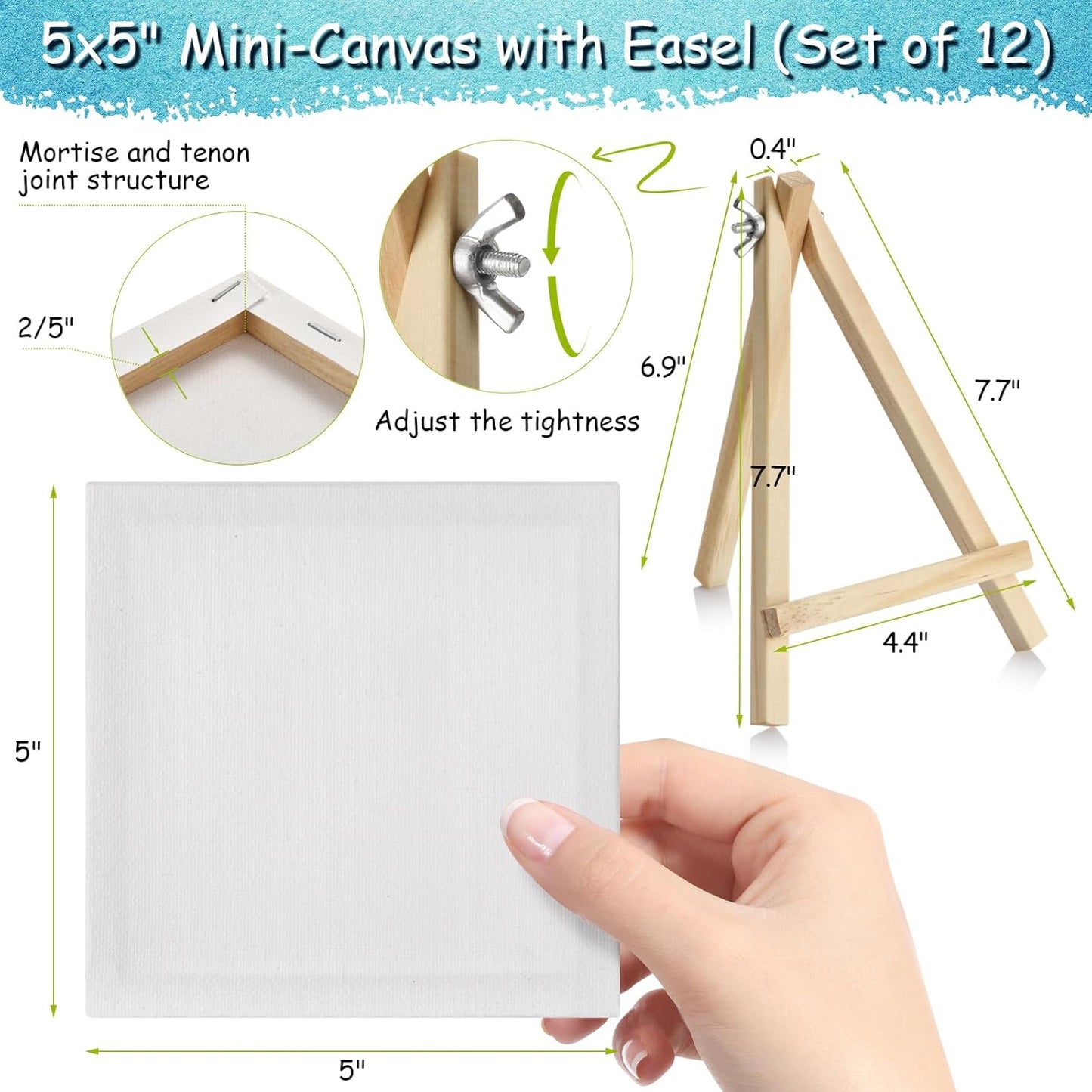 12PCS Mini Canvas and Easel Set - 5x5In Profile Small Square Canvases and 7.7 x 4.4In Easel - 100% Cotton Mini Stretch Canvas for Children's Painting Art Supplies, School Home Decorating Projects