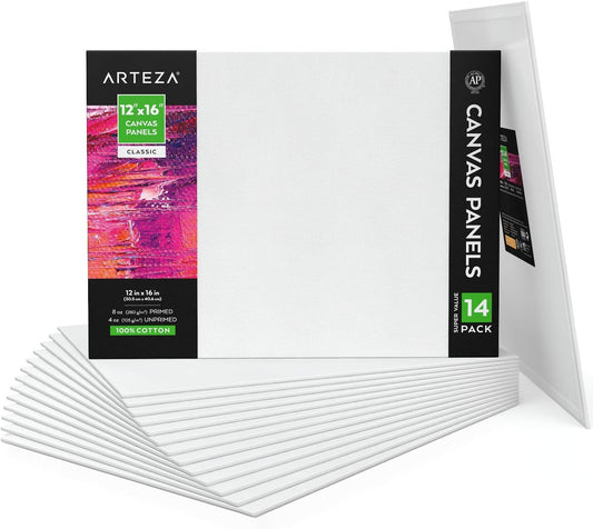 ARTEZA Canvas Boards for Painting, 12 x 16 Inches, Pack of 14, Blank White Canvas Panels for Acrylic, Oil and Gouache Painting