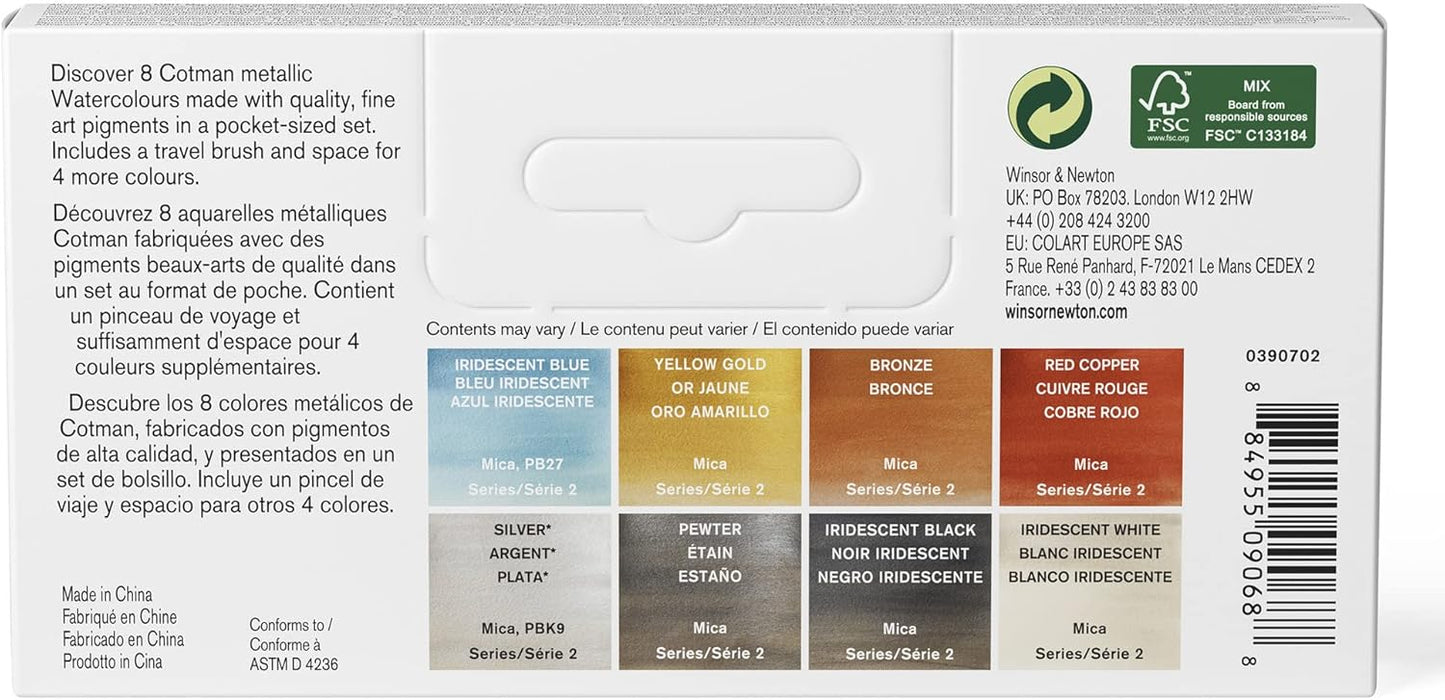 Winsor & Newton Cotman Watercolor Paint Set, 8 Half Pan, Metallic Colors w/ Brush