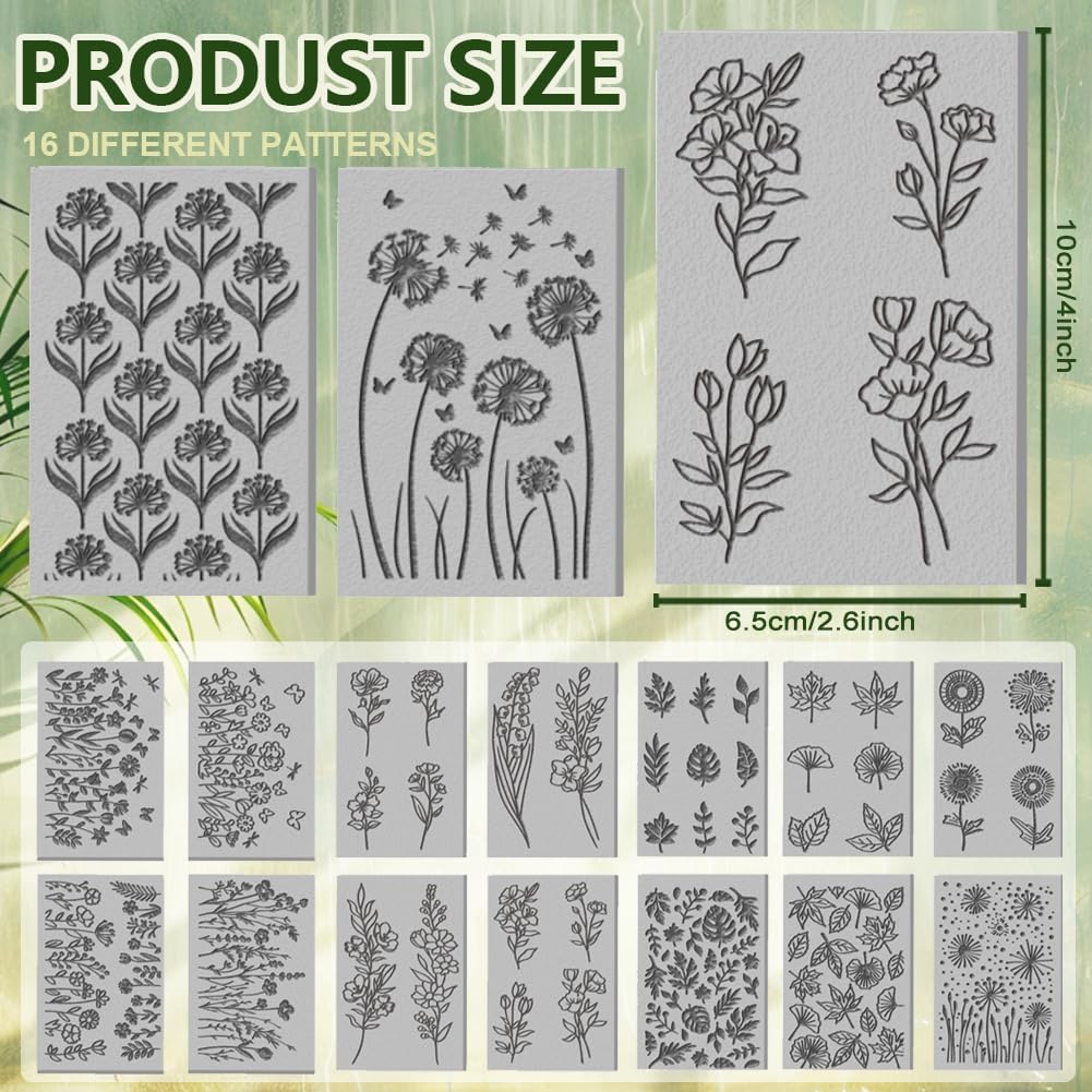 CHGCRAFT 16 Sheets Plants and Flower Clay Texture Mat Dandelions Pattern Polymer Clay Texture Sheets DIY Tools for Pottery Earring Jewelry Making Stamp Engraving Machines, 4x2.6inch
