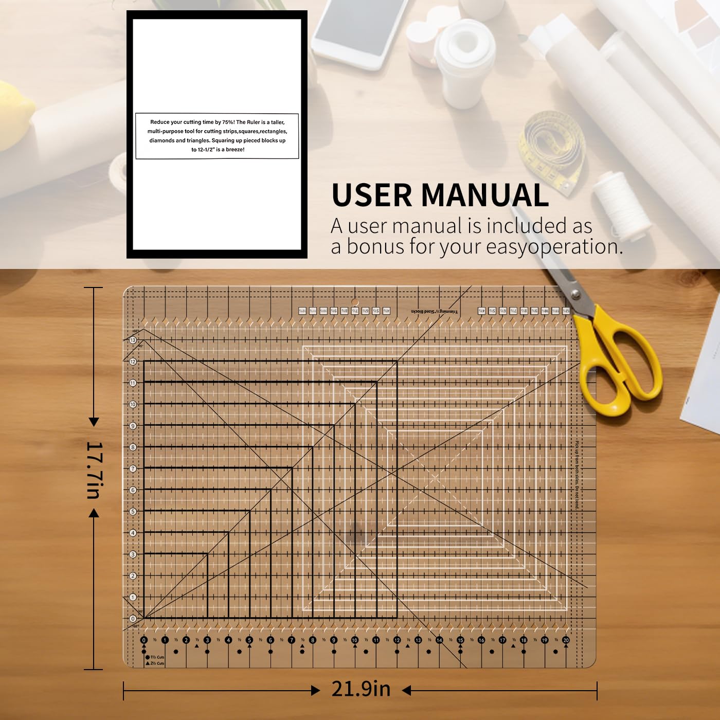 Slotted Quilting Ruler Acrylic 17.7x21.9in, XL Non-Slip Precise Quilting Template, Professional Sewing Quilt Strip Ruler for Fabric Strip, Cutting, Sewing, Crafting, Patchwork